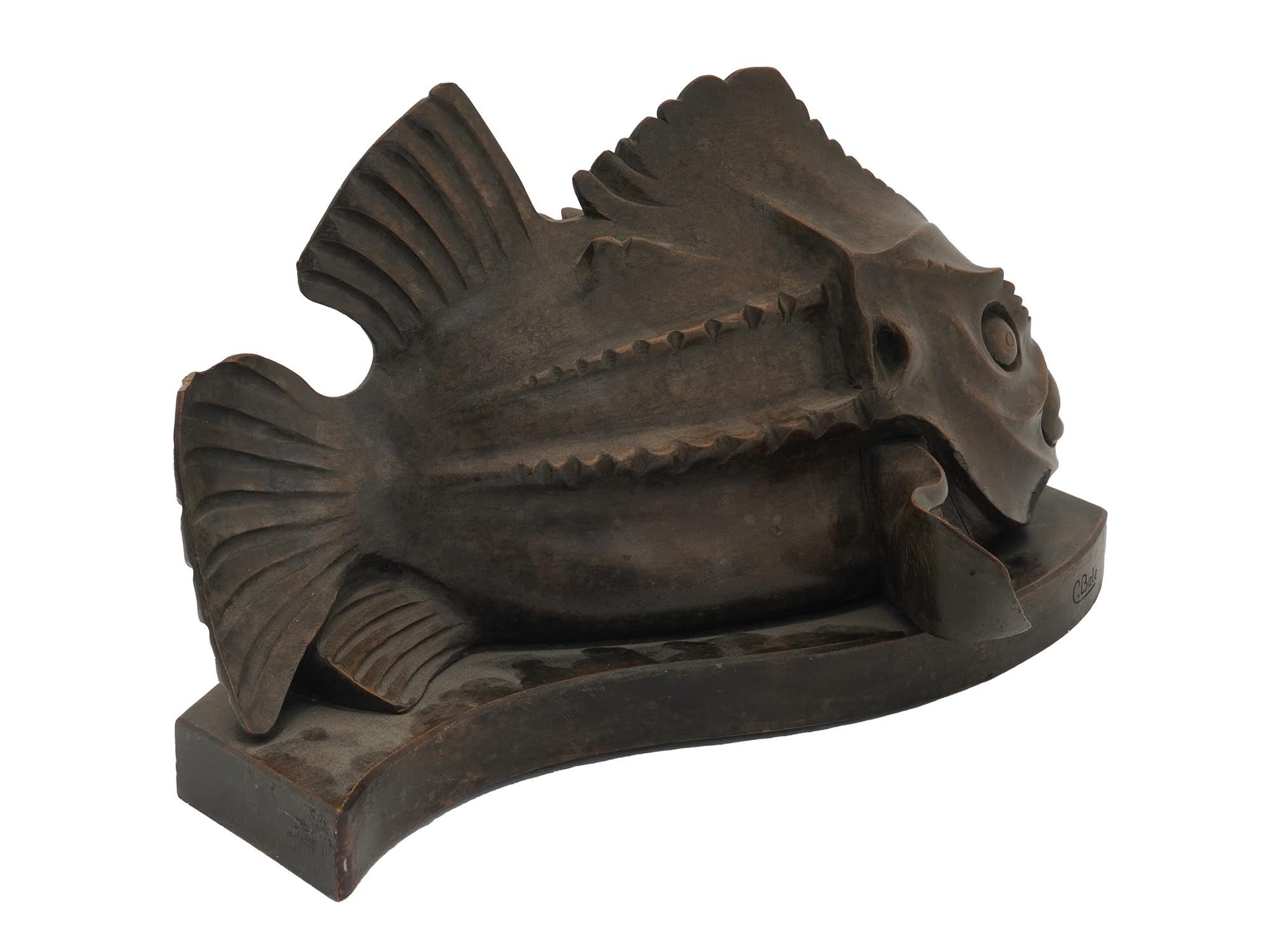 MID CENTURY WOOD CARVED FISH FIGURE SIGNED C.BALE PIC-3